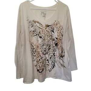 Just My Size Leopard Graphic Tee Womens 2X Cream Long Sleeve Artistic Metallic